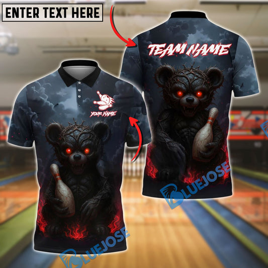 BlueJose Bowling And Pins Evil Teddy Bear with Bowling Pin Customized Name, Team Name 3D Shirt (4 Colors)