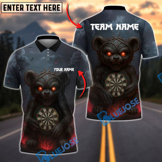 BlueJose Darts Evil Teddy Bear with Dartboard Customized Name, Team Name 3D Shirt (4 Colors)