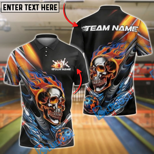 BlueJose Bowling And Pins Flaming Skull with Bowling Ball Customized Name, Team Name 3D Shirt (4 Colors)