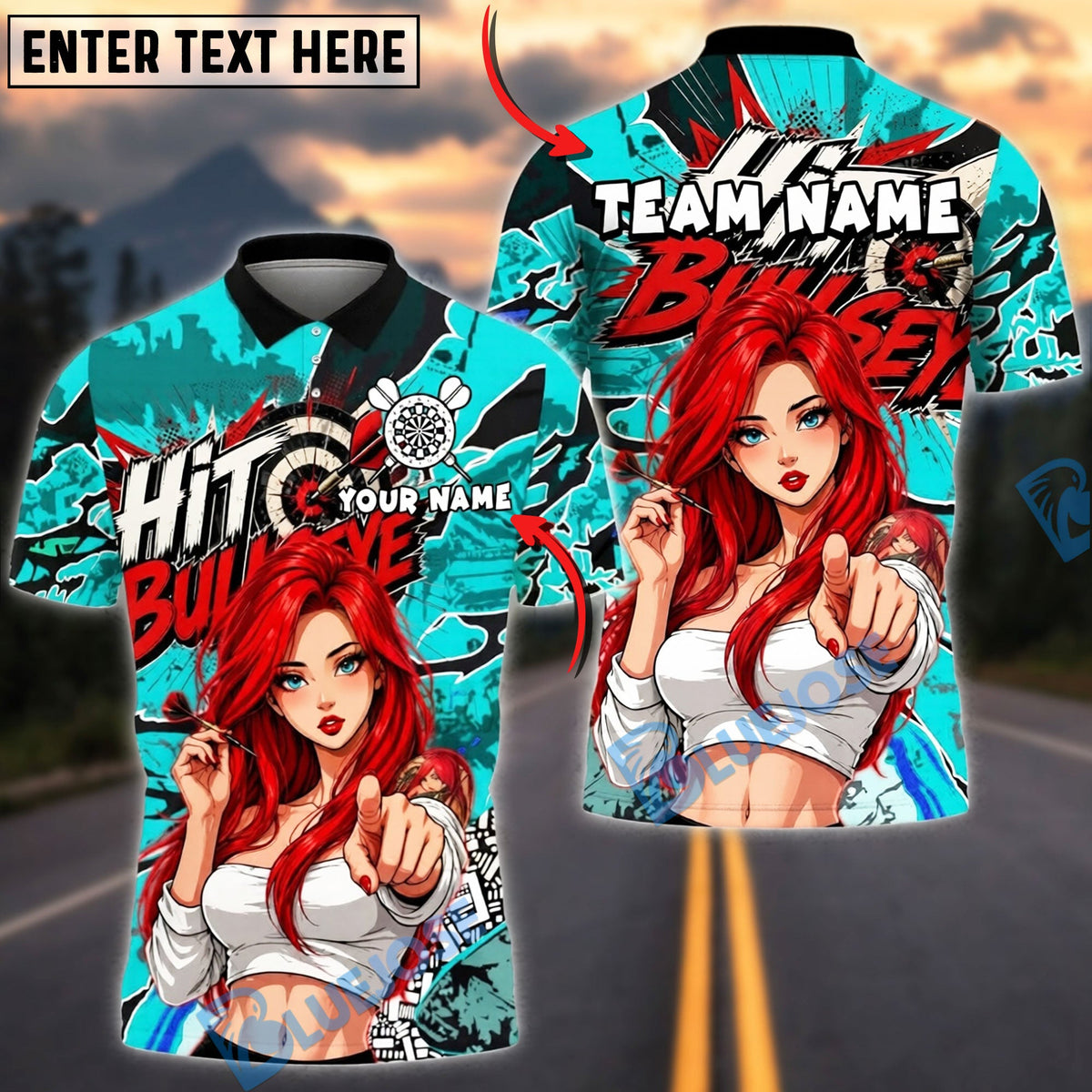 BlueJose Darts Redhead Girl Hit Bullseye Dartboard Personalized Name, Team Name Unisex Shirt (4 Colors)