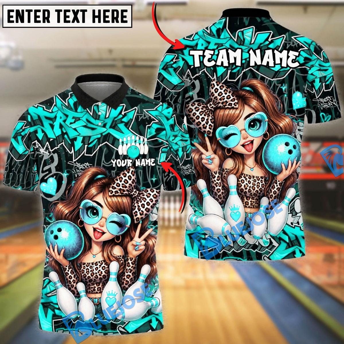 BlueJose Bowling And Pins Cute Leopard Girl Strike Graffiti Style Customized Name, Team Name 3D Shirt (6 Colors)