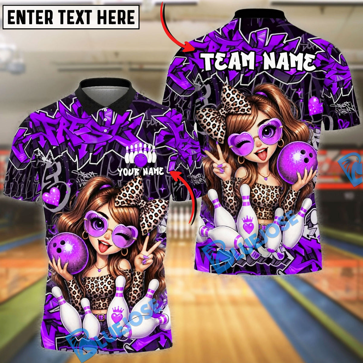 BlueJose Bowling And Pins Cute Leopard Girl Strike Graffiti Style Customized Name, Team Name 3D Shirt (6 Colors)