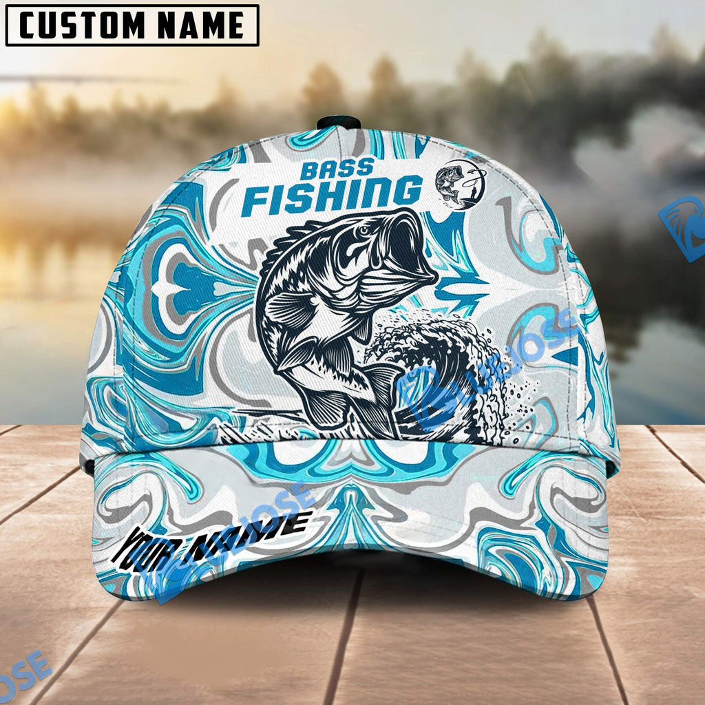 Bluejose Personalized Bass Fishing Hat with Custom Name, Artistic Blue Water Pattern Cap, Unique Gift for Freshwater Anglers &amp; Outdoor Fishermen