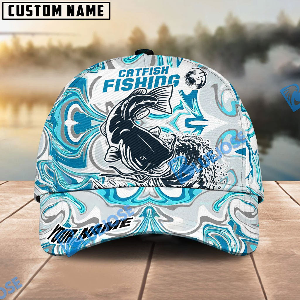 Bluejose Personalized Catfish Fishing Hat with Custom Name, Artistic Blue Water Pattern Cap, Unique Gift for Freshwater Anglers &amp; Outdoor Fishermen