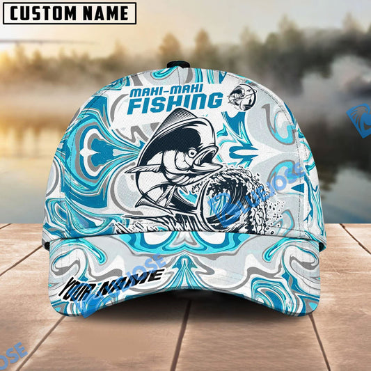 Bluejose Personalized Mahi-Mahi Fishing Hat with Custom Name, Artistic Blue Water Pattern Cap, Unique Gift for Freshwater Anglers & Outdoor Fishermen