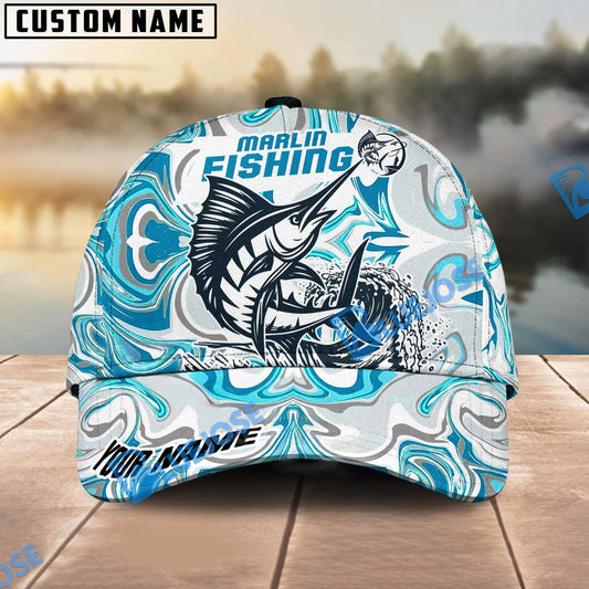 Bluejose Personalized Marlin Fishing Hat with Custom Name, Artistic Blue Water Pattern Cap, Unique Gift for Freshwater Anglers & Outdoor Fishermen