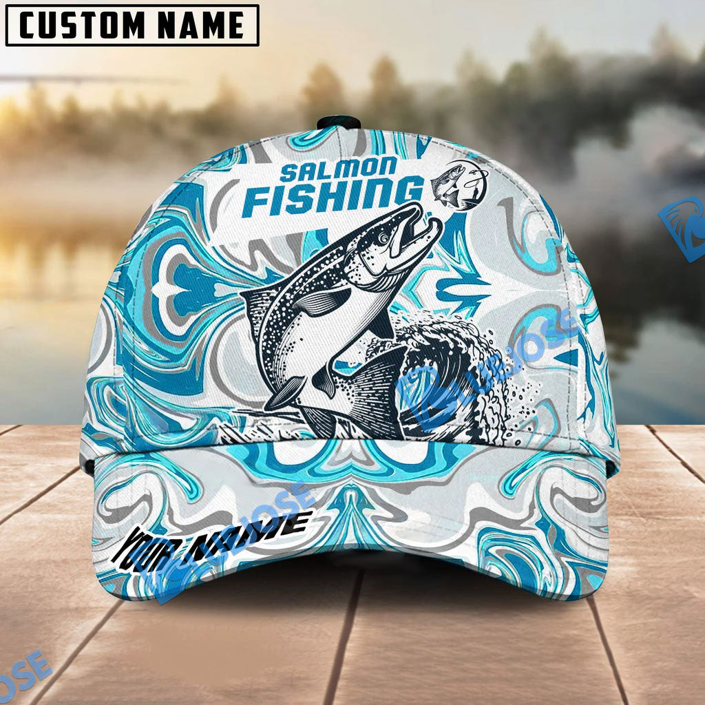 Bluejose Personalized Salmon Fishing Hat with Custom Name, Artistic Blue Water Pattern Cap, Unique Gift for Freshwater Anglers &amp; Outdoor Fishermen