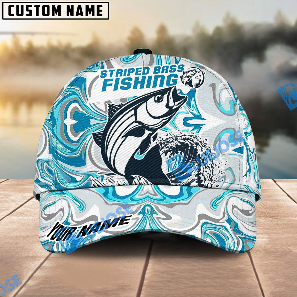 Bluejose Personalized Striped Bass Fishing Hat with Custom Name, Artistic Blue Water Pattern Cap, Unique Gift for Freshwater Anglers &amp; Outdoor Fishermen
