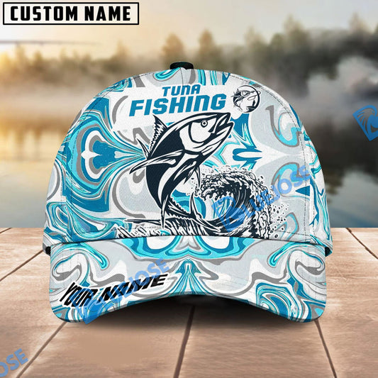 Bluejose Personalized Tuna Fishing Hat with Custom Name, Artistic Blue Water Pattern Cap, Unique Gift for Freshwater Anglers & Outdoor Fishermen