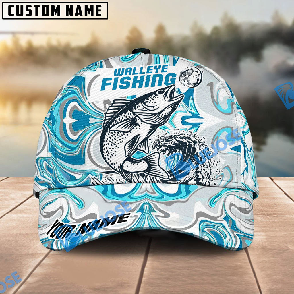 Bluejose Personalized Walleye Fishing Hat with Custom Name, Artistic Blue Water Pattern Cap, Unique Gift for Freshwater Anglers &amp; Outdoor Fishermen