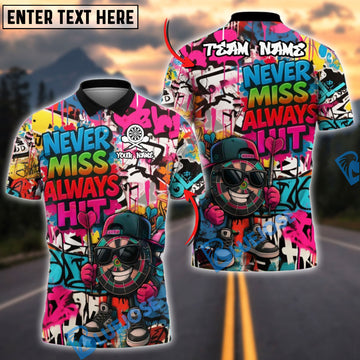 BlueJose Darts “Never Miss, Always Hit” Dartboard Street Personalized Name, Team Name Shirt (4 Colors)