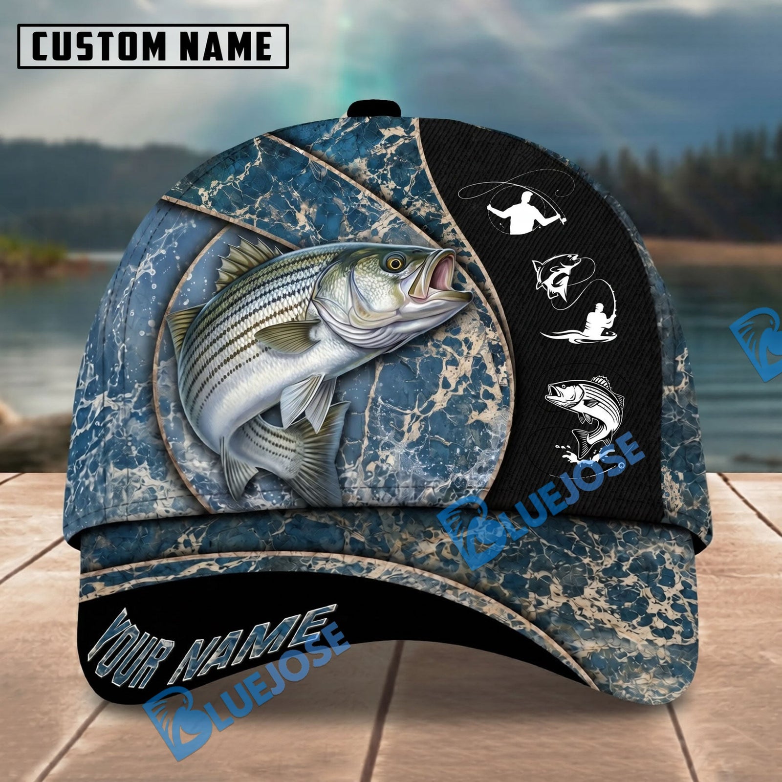 BlueJose Fishing Blue Marble Splash Design Personalized Name Classic 3D Cap Personalized Cap (13 Breeds)