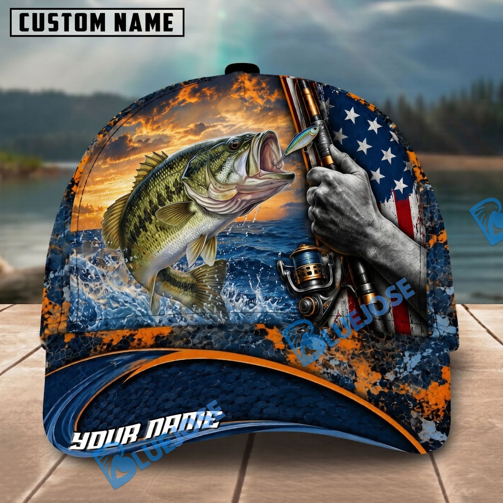 BlueJose Fishing Sunset American Flag Reel Design Personalized Name Classic 3D Cap Personalized Cap (13 Breeds)