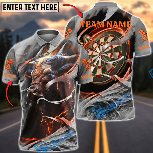 BlueJose Darts Flaming Bull Dartboard Customized Name, Team Name 3D Shirt (4 Colors)