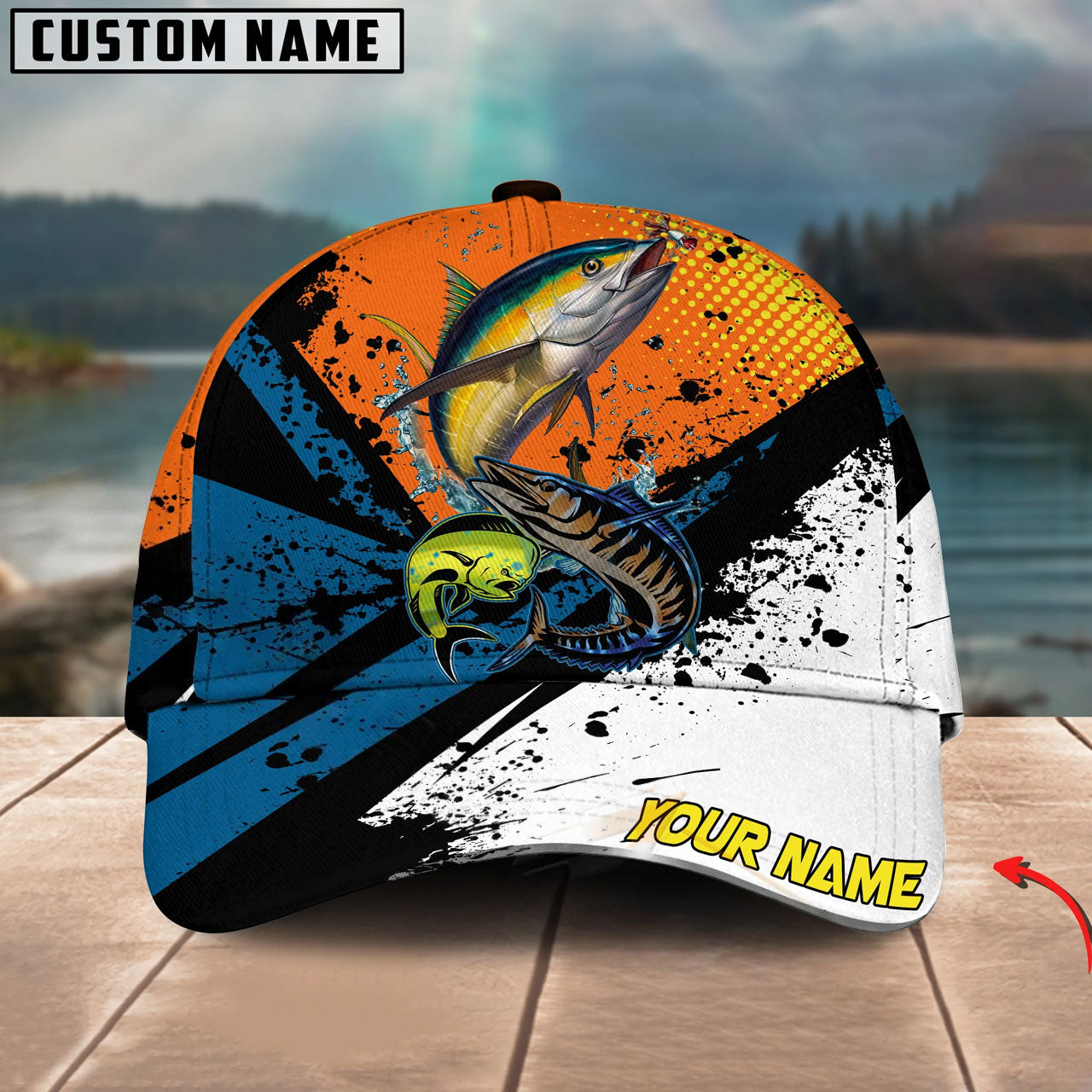 BlueJose Mahi-Mahi, Wahoo, Tuna Fishing Orange And Black Personalized Cap