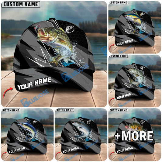 BlueJose Fishing Gray Jumping Water Splash Graphic Personalized Cap (13 Breeds)
