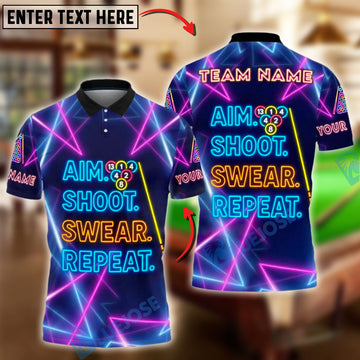 BlueJose Billiards Aim Shoot Swear Repeat Neon Pool Customized Name, Team Name 3D Shirt