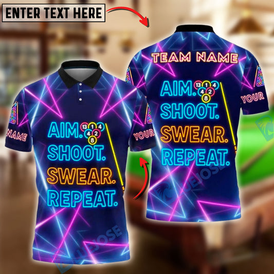 BlueJose Billiards Aim Shoot Swear Repeat Neon Pool Customized Name, Team Name 3D Shirt