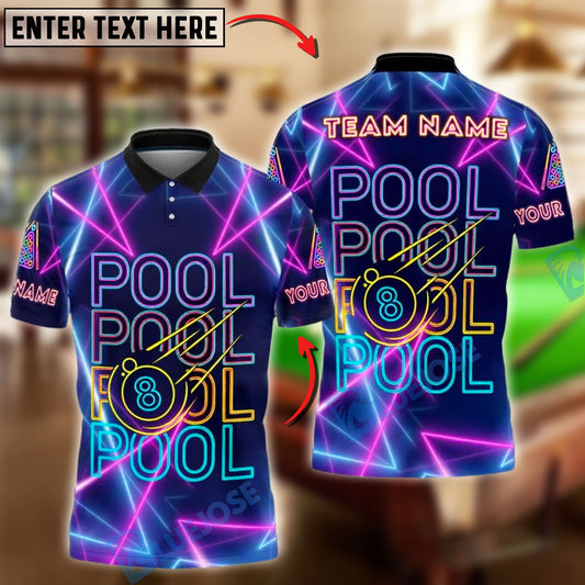 BlueJose Billiards Pool 8-Ball Neon Repeated Customized Name, Team Name 3D Shirt