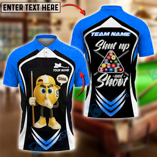 BlueJose Billiards 9-Ball Pool Shut Up and Shoot Ver Triangle Rack Personalized Name, Team Name Unisex Shirt (4 Colors)