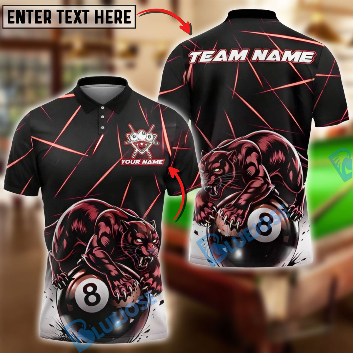 BlueJose Billiards Black Panther Power 8 Ball Customized Name, Team Name 3D Shirt (6 Colors)