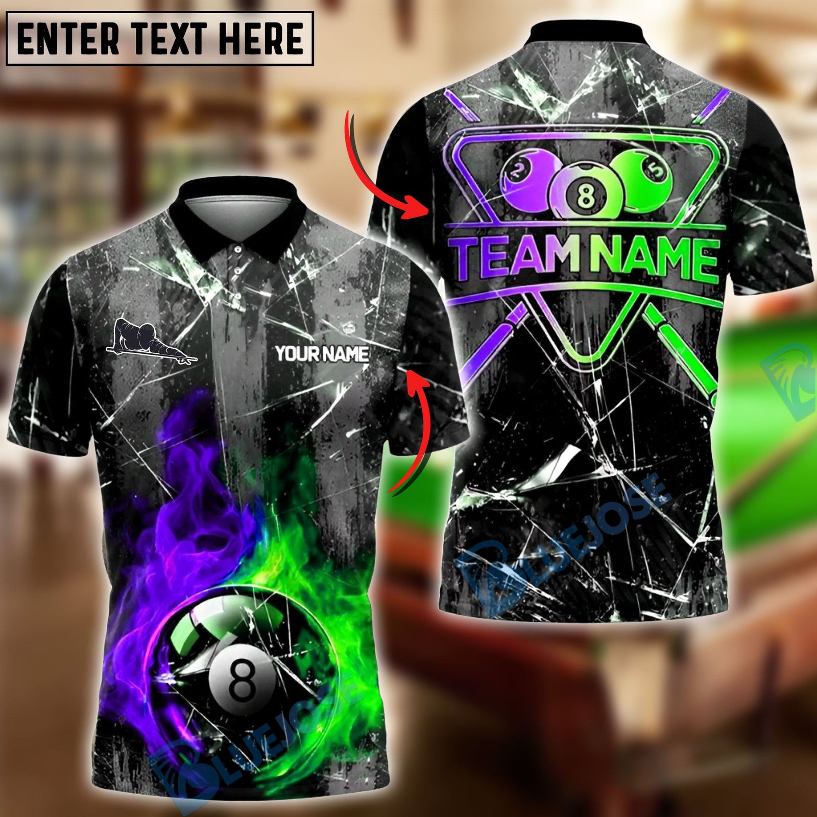 BlueJose Billiards Fire And Ice 8 Ball Broken Glass Customized Name, Team Name 3D Shirt (4 Colors)