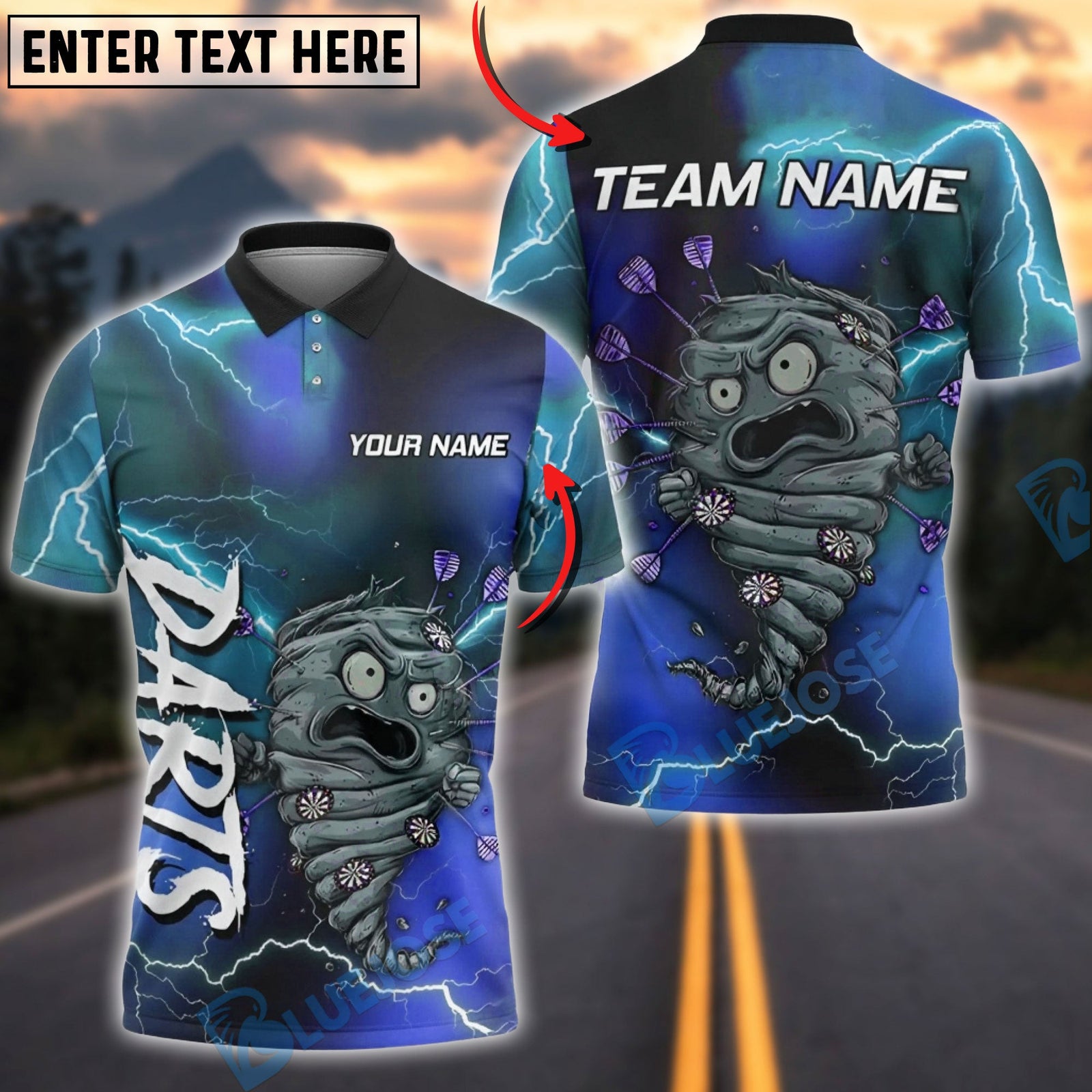 BlueJose Darts Tornado Monster Lightning Multicolor Options Personalized Name Shirt (4 Colors)