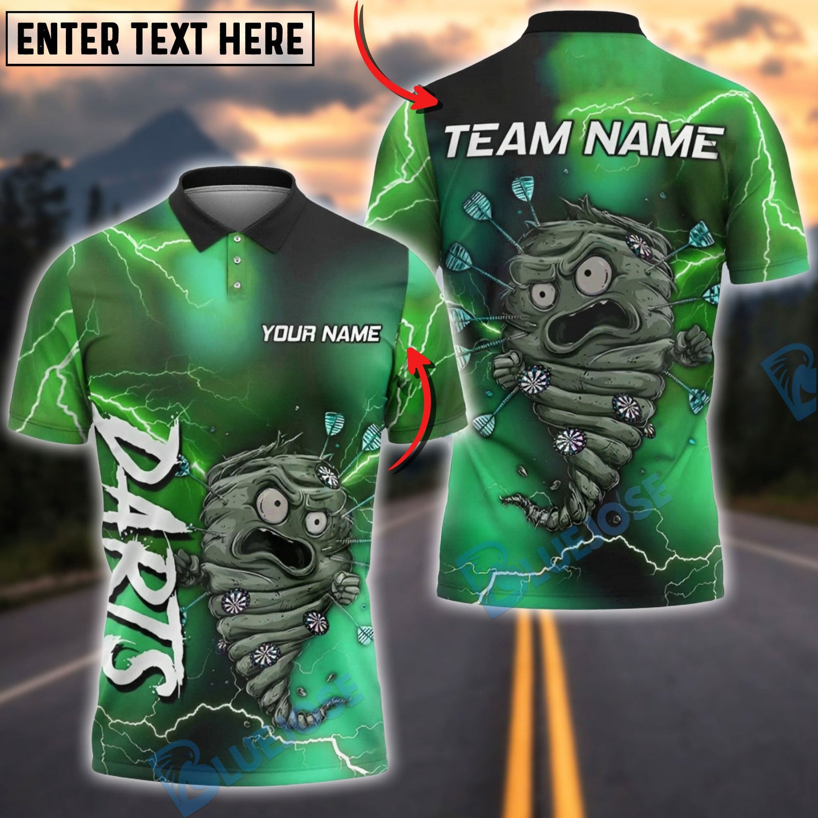 BlueJose Darts Tornado Monster Lightning Multicolor Options Personalized Name Shirt (4 Colors)