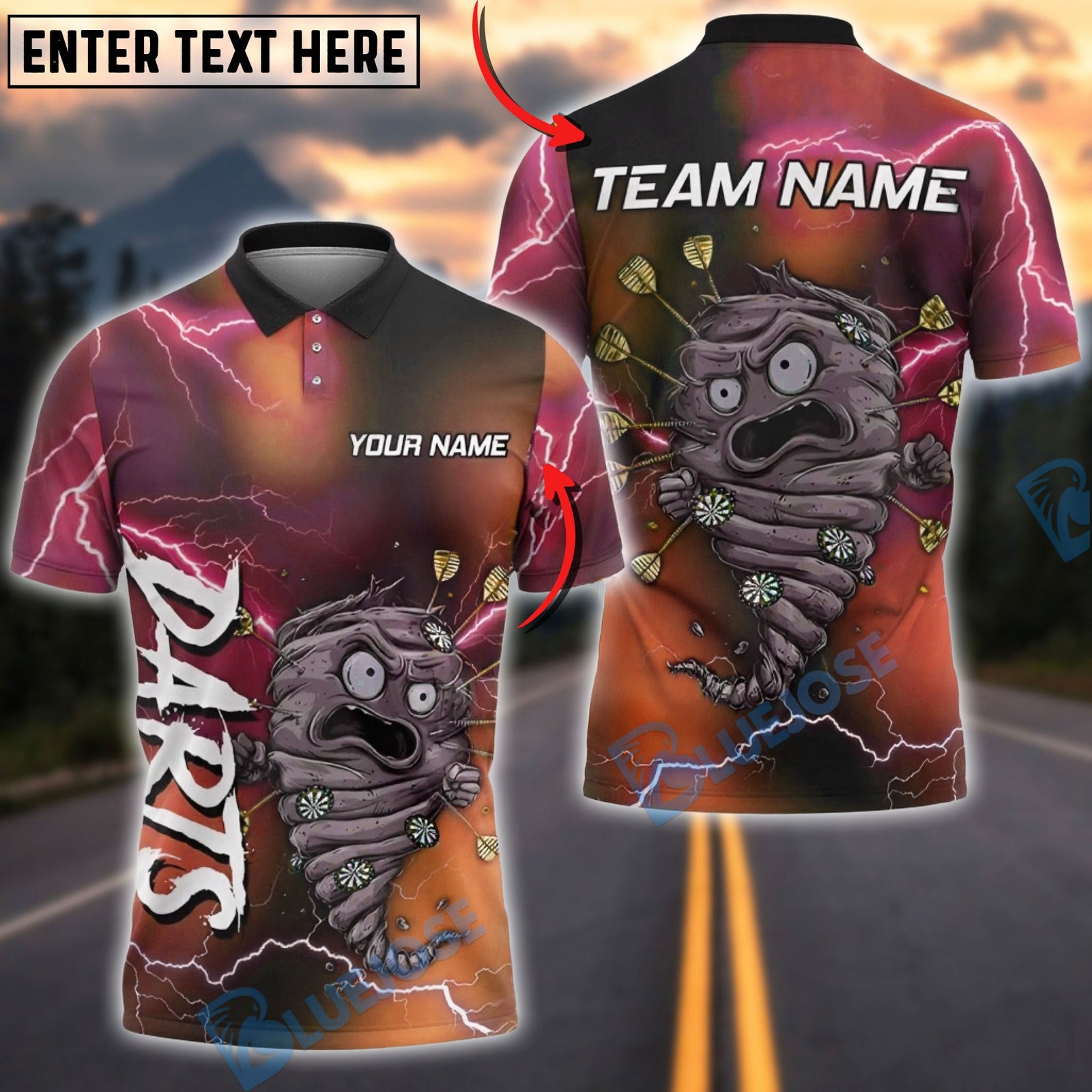 BlueJose Darts Tornado Monster Lightning Multicolor Options Personalized Name Shirt (4 Colors)