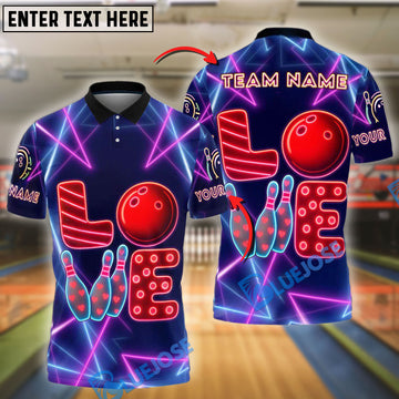 BlueJose Bowling LOVE With Pins And Ball In Neon Design Customized Name, Team Name 3D Shirt