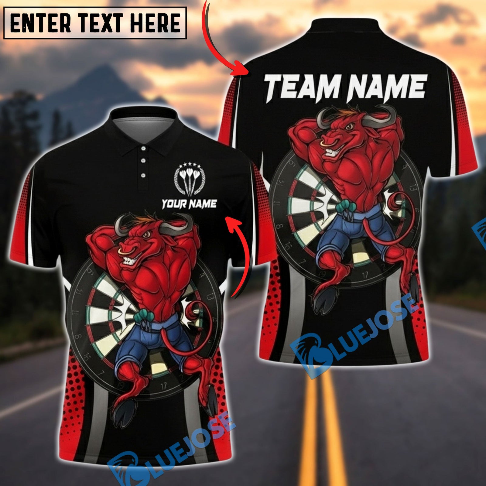 BlueJose Darts Bull Strength Personalized Name, Team Name Unisex Shirt (4 Colors)