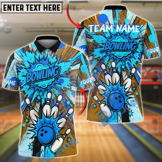 BlueJose Bowling And Pins Comic Explosion Customized Name, Team Name 3D Shirt (4 Colors)