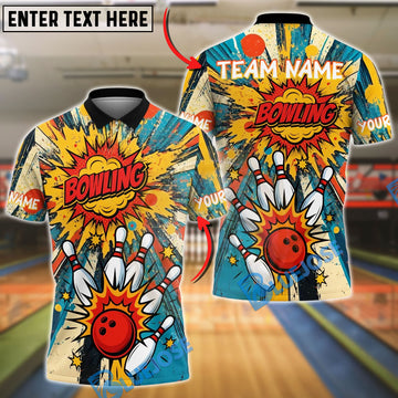BlueJose Bowling And Pins Comic Explosion Customized Name, Team Name 3D Shirt (4 Colors)