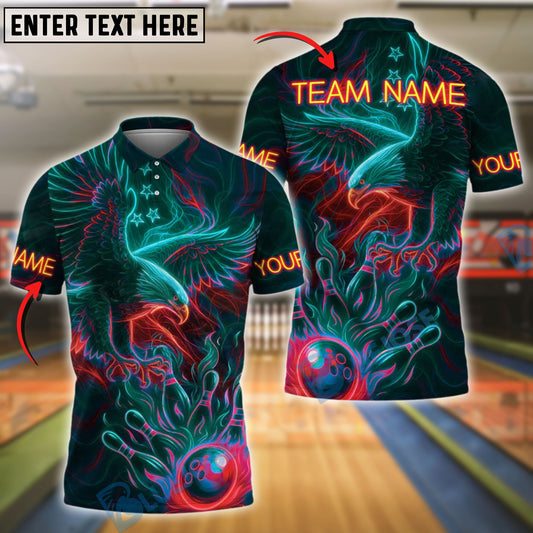 BlueJose Bowling And Pins Eagle Neon Style Customized Name, Team Name 3D Shirt (4 Colors)