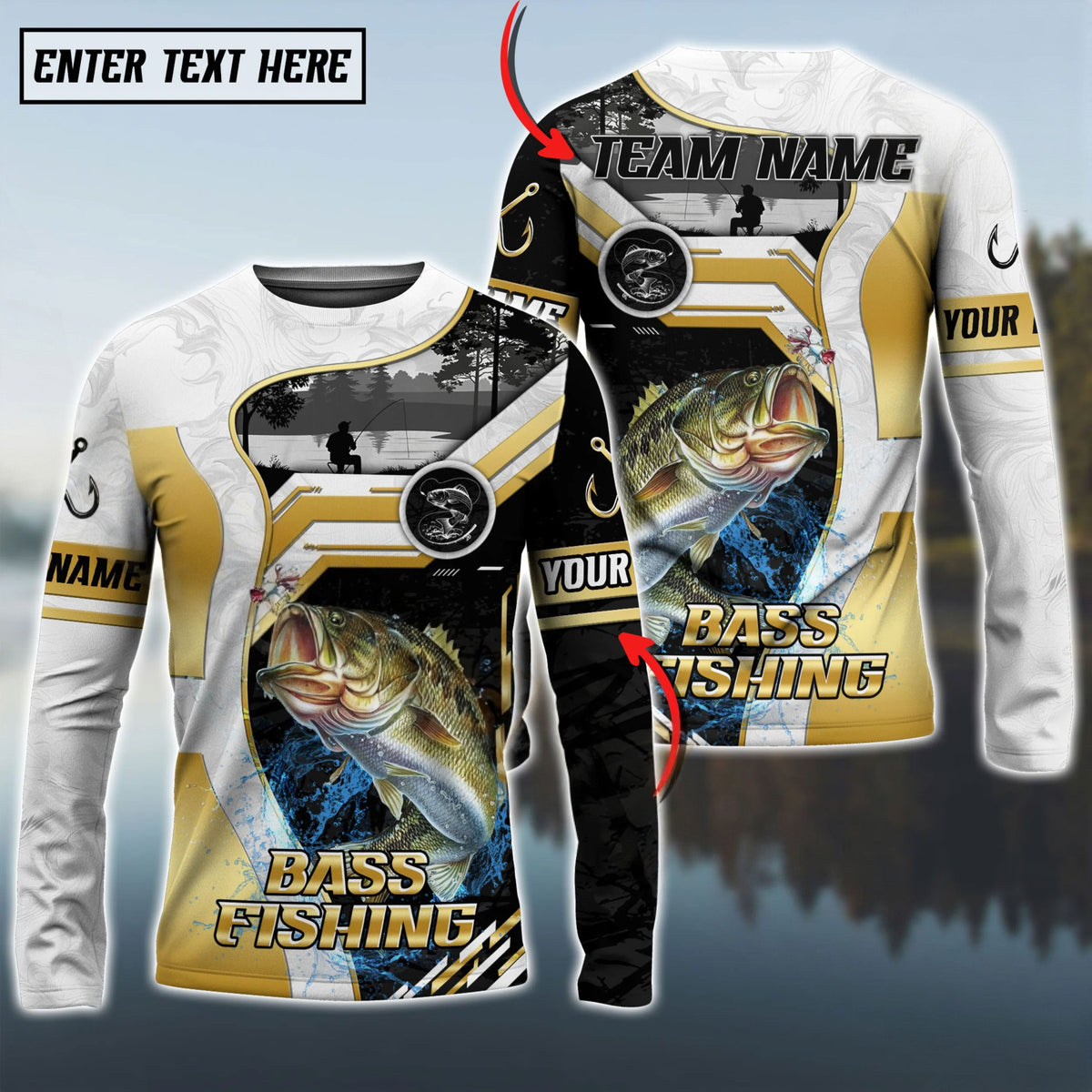 Bluejose Bass Fishing Angler Gold White Custom Name &amp; Team Name 3D Shirts