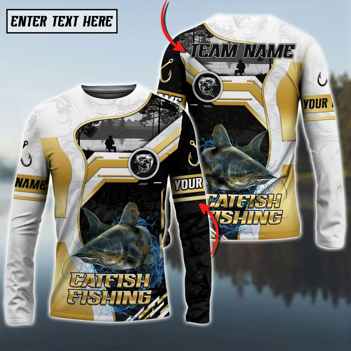 Bluejose Catfish Fishing Angler Gold White Custom Name &amp; Team Name 3D Shirts