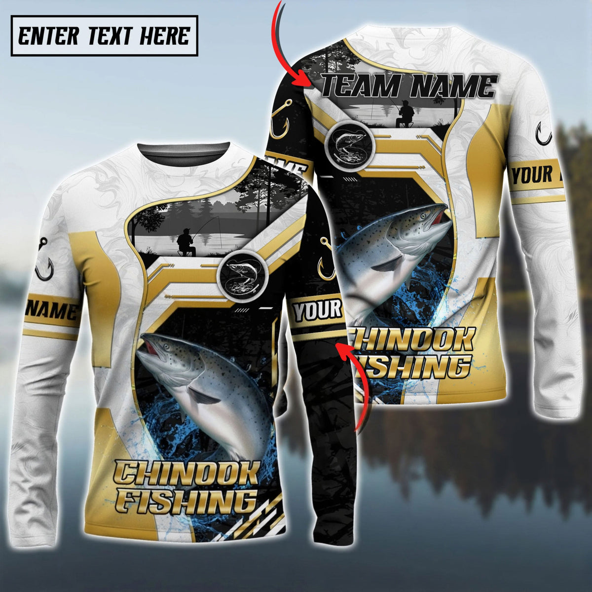 Bluejose Chinook Salmon Fishing Angler Gold White Custom Name &amp; Team Name 3D Shirts