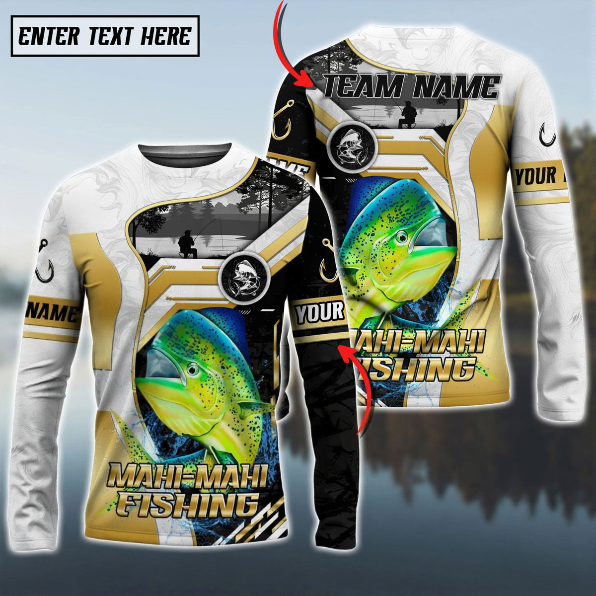 Bluejose Mahi-Mahi Fishing Angler Gold White Custom Name &amp; Team Name 3D Shirts