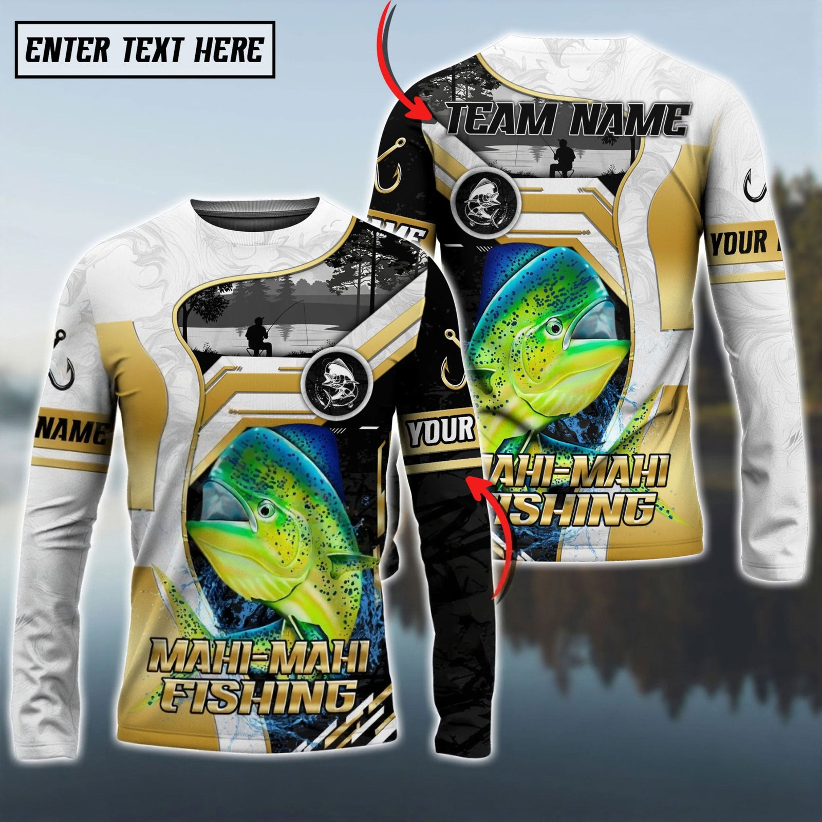 Bluejose Mahi-Mahi Fishing Angler Gold White Custom Name & Team Name 3D Shirts