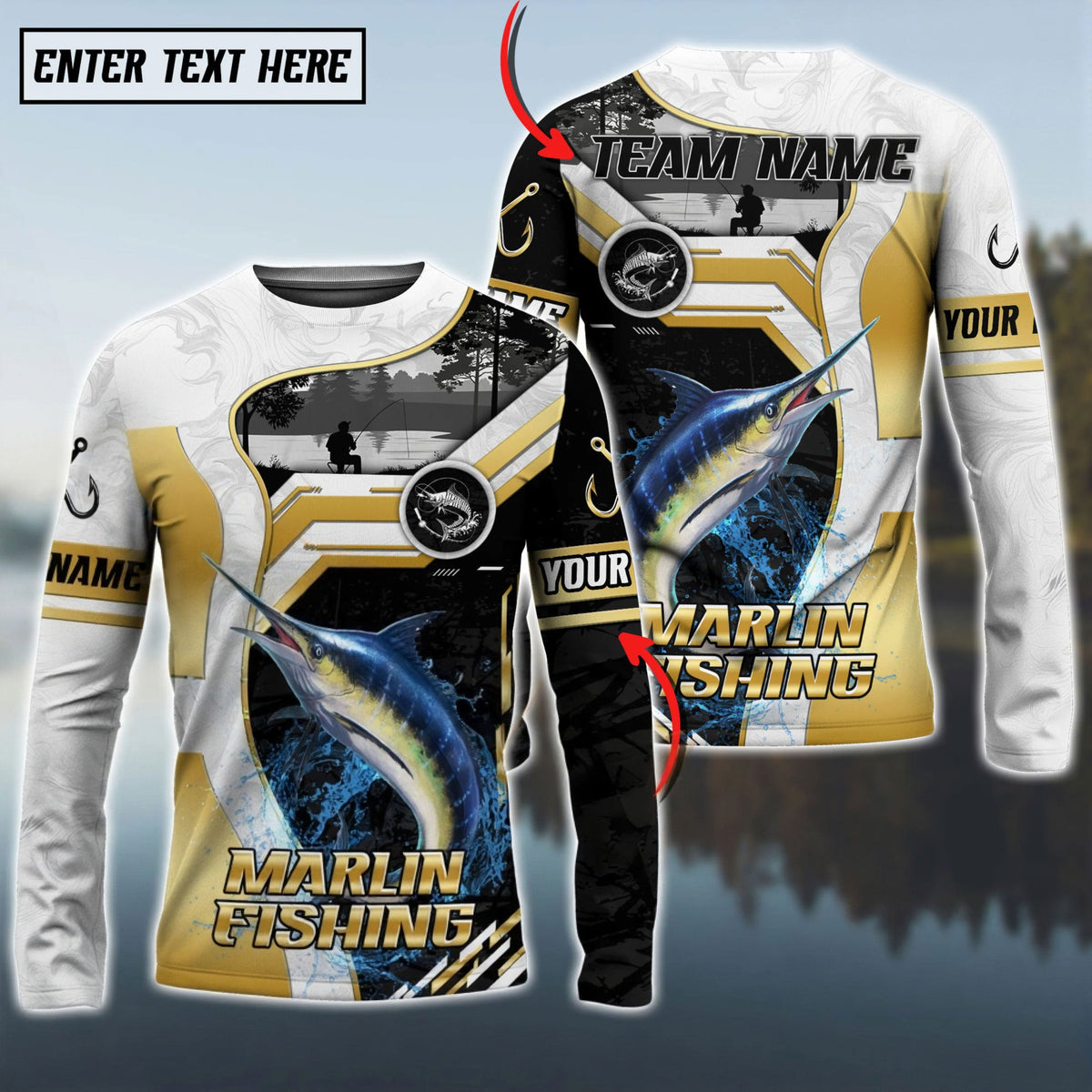 Bluejose Marlin Fishing Angler Gold White Custom Name &amp; Team Name 3D Shirts