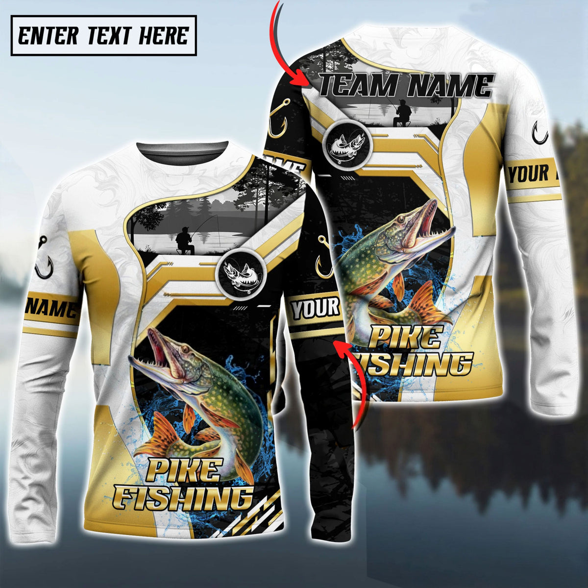Bluejose Pike Fishing Angler Gold White Custom Name &amp; Team Name 3D Shirts