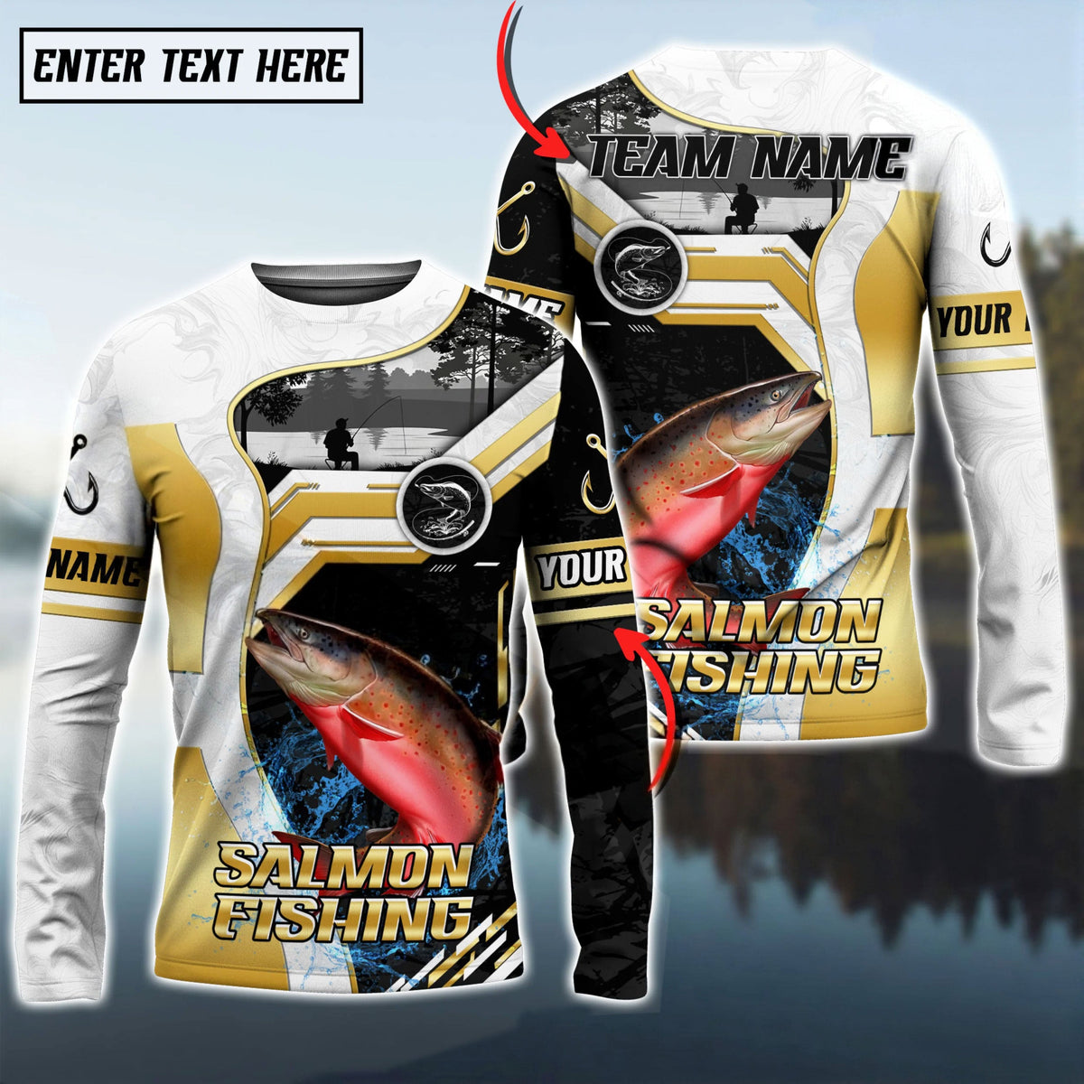 Bluejose Salmon Fishing Angler Gold White Custom Name &amp; Team Name 3D Shirts
