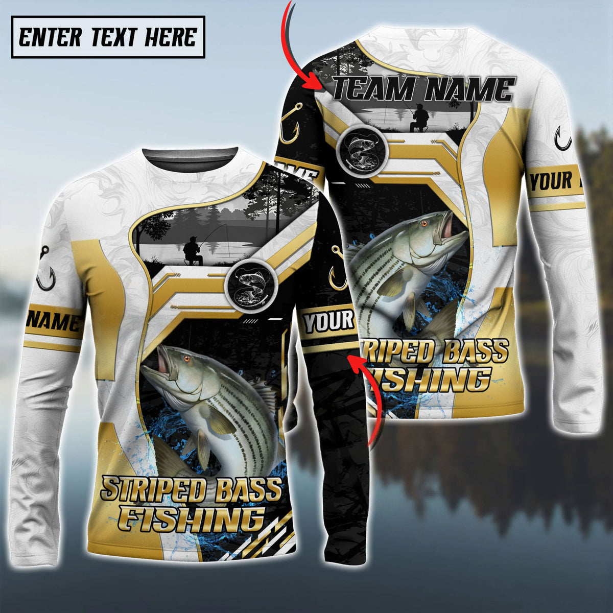 Bluejose Striped Bass Fishing Angler Gold White Custom Name &amp; Team Name 3D Shirts