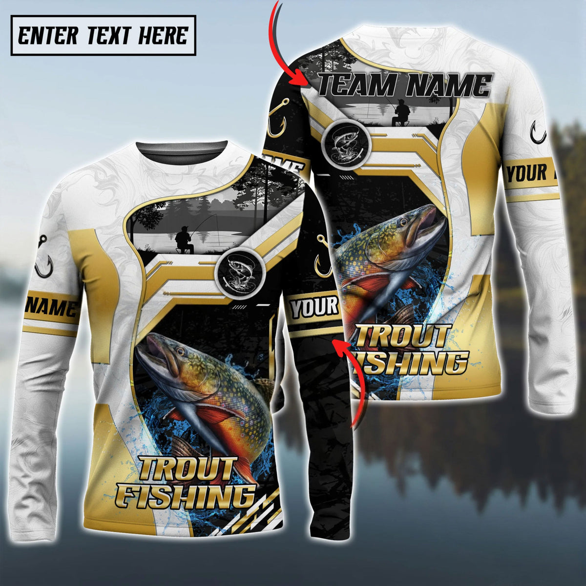 Bluejose Trout Fishing Angler Gold White Custom Name &amp; Team Name 3D Shirts