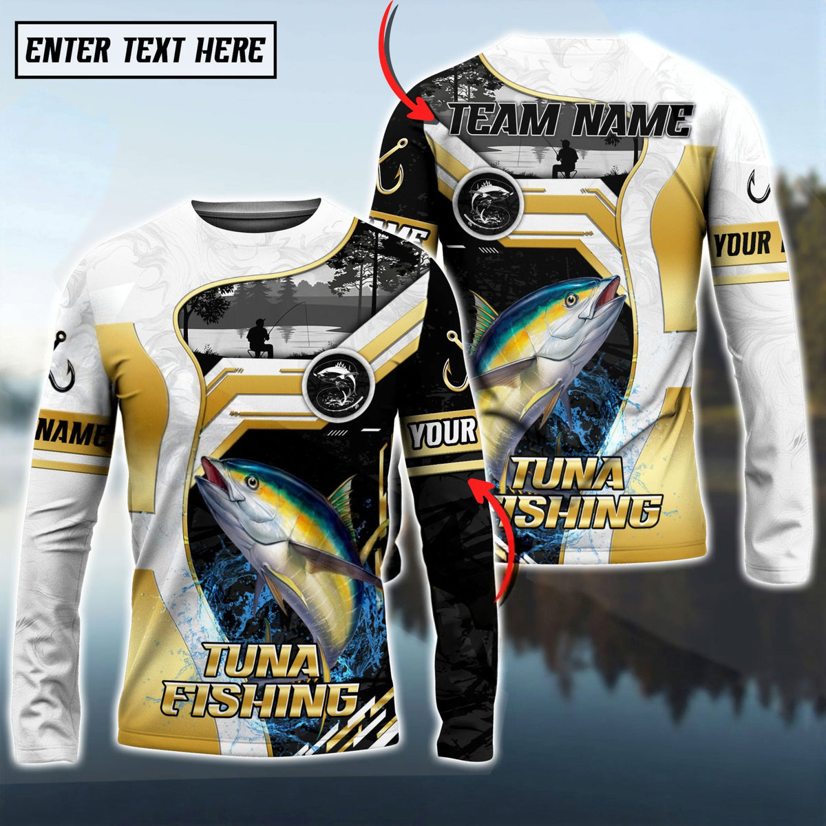 Bluejose Tuna Fishing Angler Gold White Custom Name &amp; Team Name 3D Shirts
