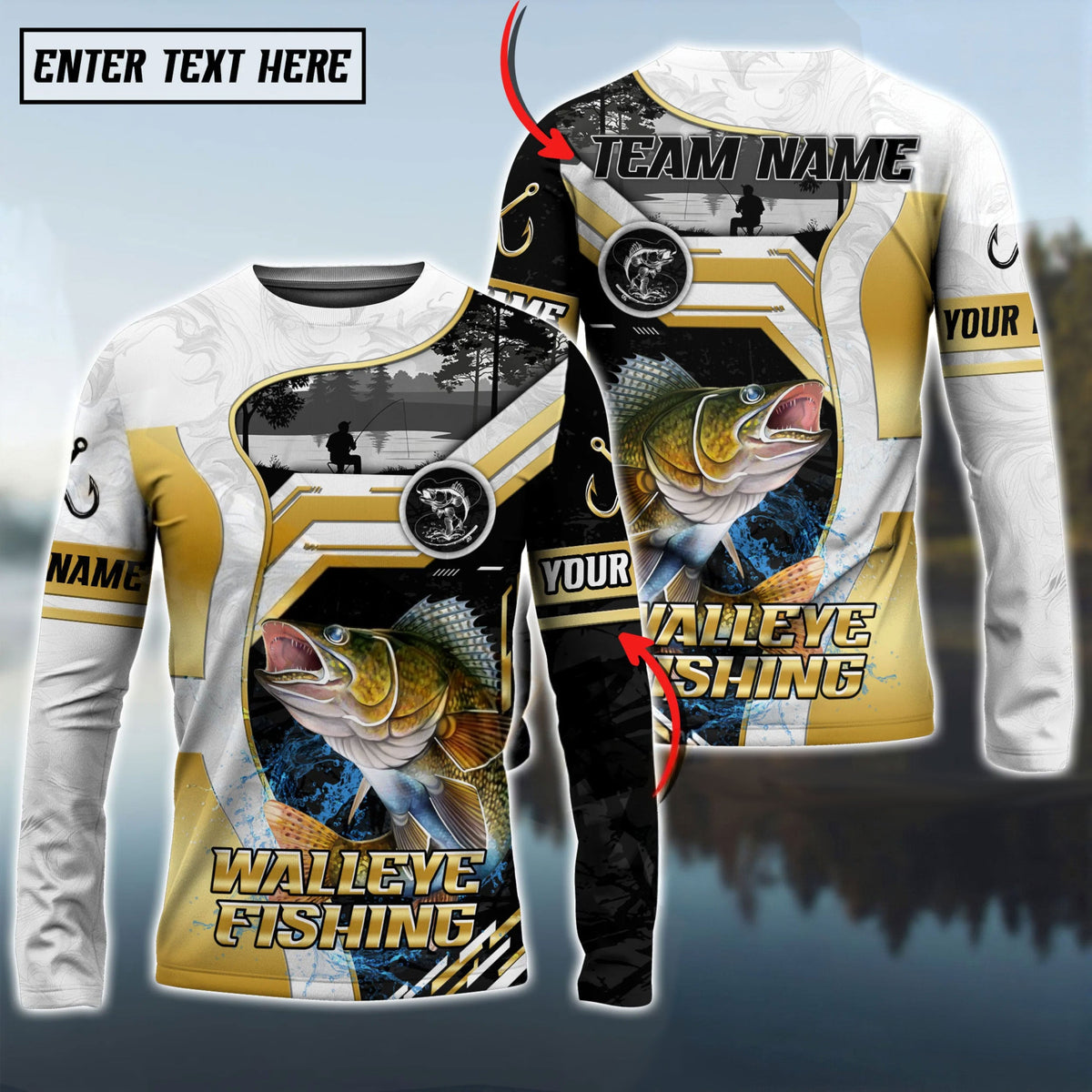 Bluejose Walleye Fishing Angler Gold White Custom Name &amp; Team Name 3D Shirts