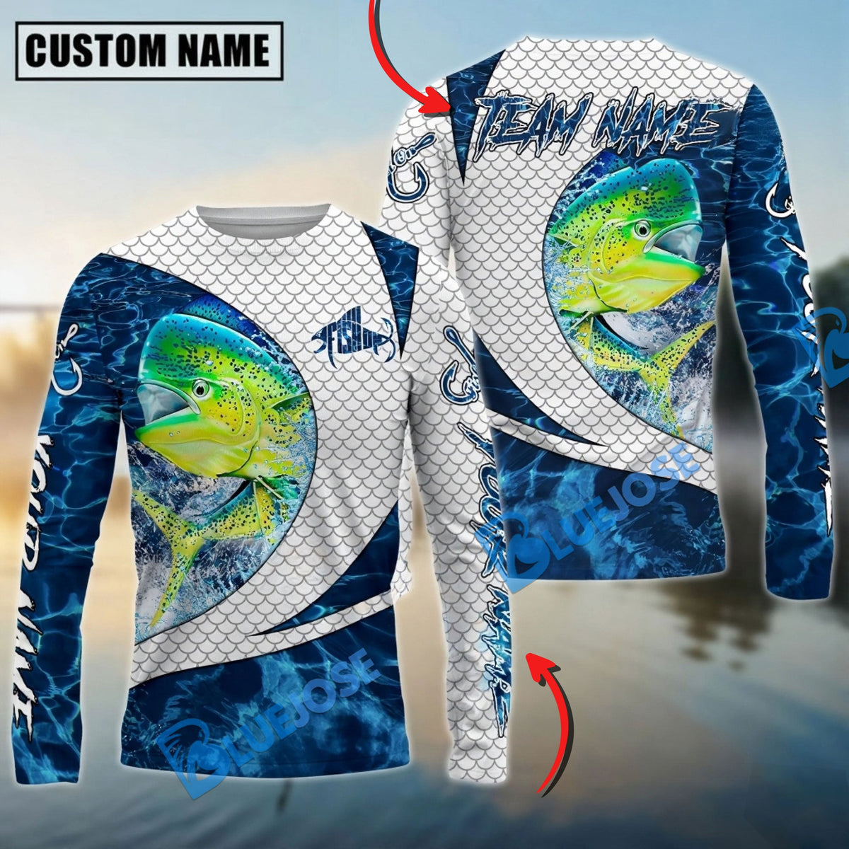 Bluejose Mahi-Mahi Fishing Blue Wave Dynamic Sport Design Custom Name &amp; Team Name 3D Shirts