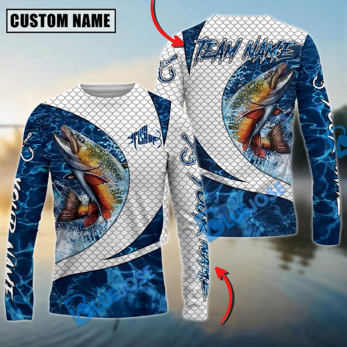 Bluejose Trout Fishing Blue Wave Dynamic Sport Design Custom Name &amp; Team Name 3D Shirts