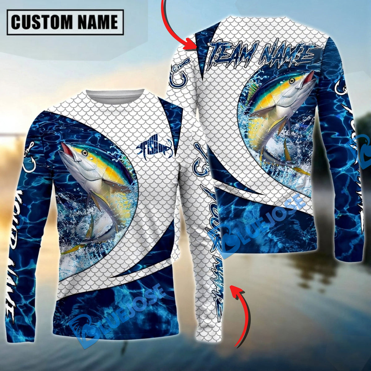 Bluejose Tuna Fishing Blue Wave Dynamic Sport Design Custom Name &amp; Team Name 3D Shirts