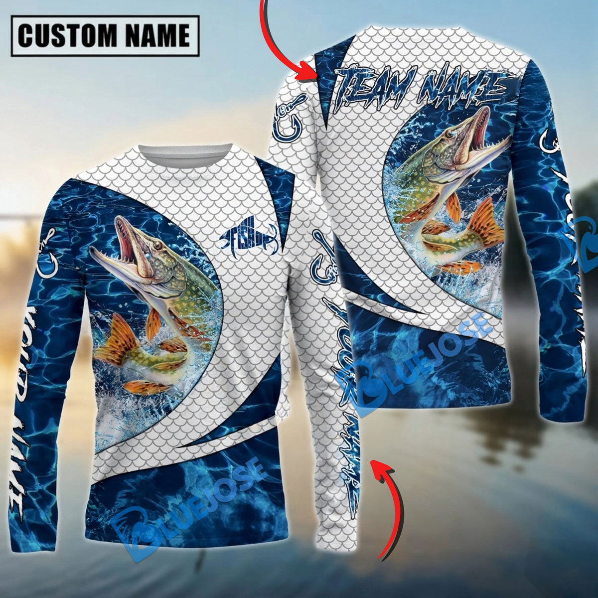 Bluejose Pike Fishing Blue Wave Dynamic Sport Design Custom Name &amp; Team Name 3D Shirts